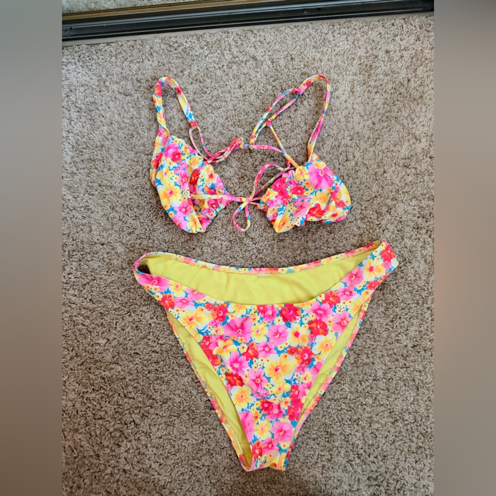 80’s Inspired Floral Tie-Strap Bikini Set Neon
